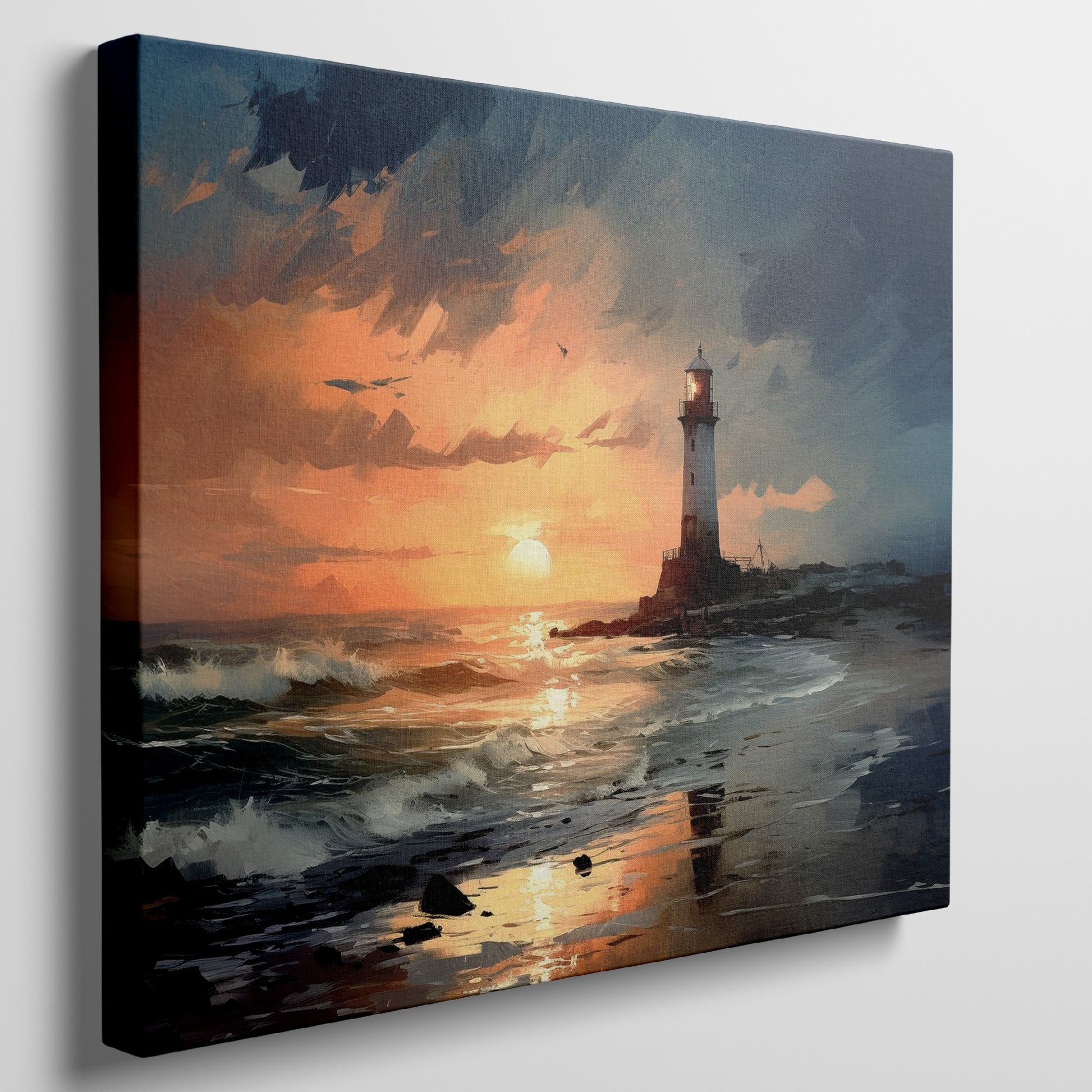 Framed canvas print of an impressionistic lighthouse seascape with vibrant sunset hues