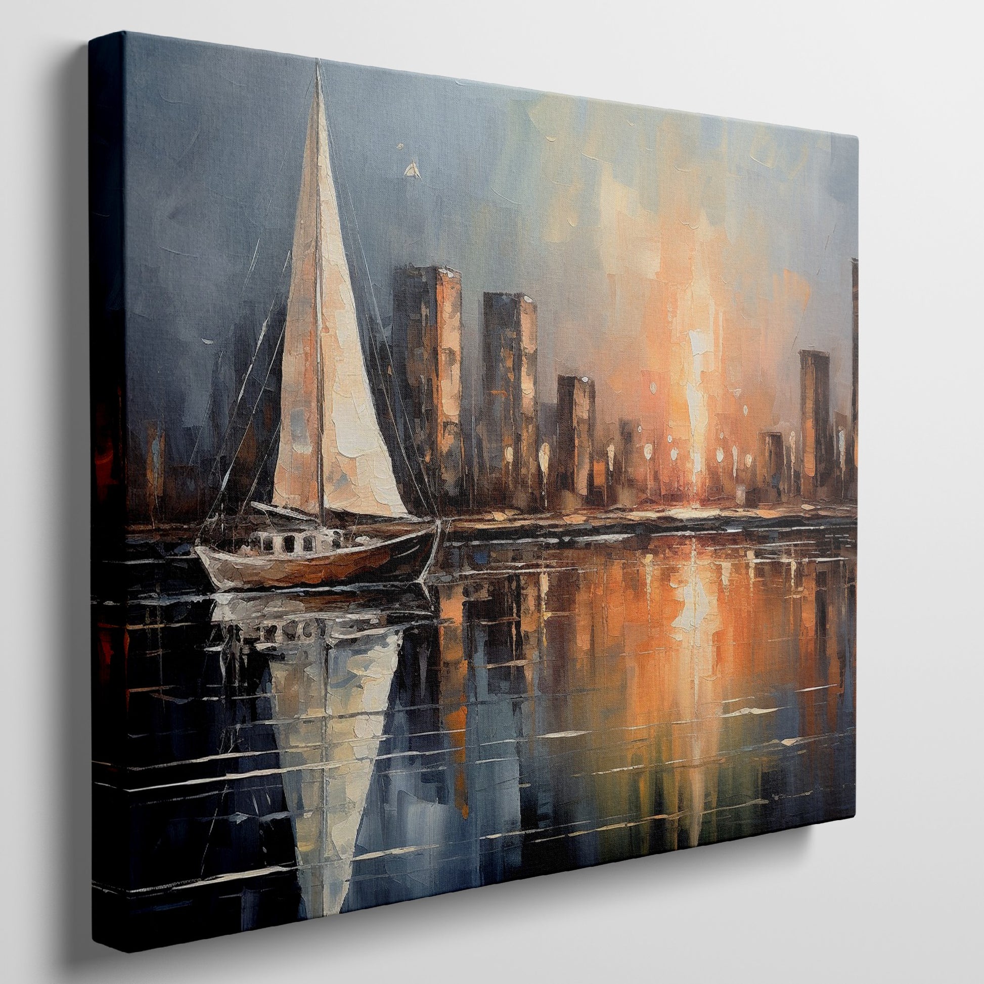 Impressionist painting of a sailboat on calm waters with a sunset reflecting off a city skyline