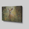 Framed canvas print of a gentle fawn in a sunlit meadow with vibrant wildflowers