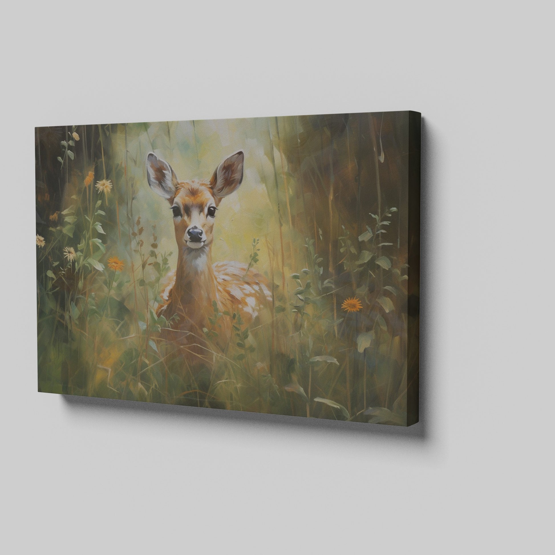 Framed canvas print of a gentle fawn in a sunlit meadow with vibrant wildflowers