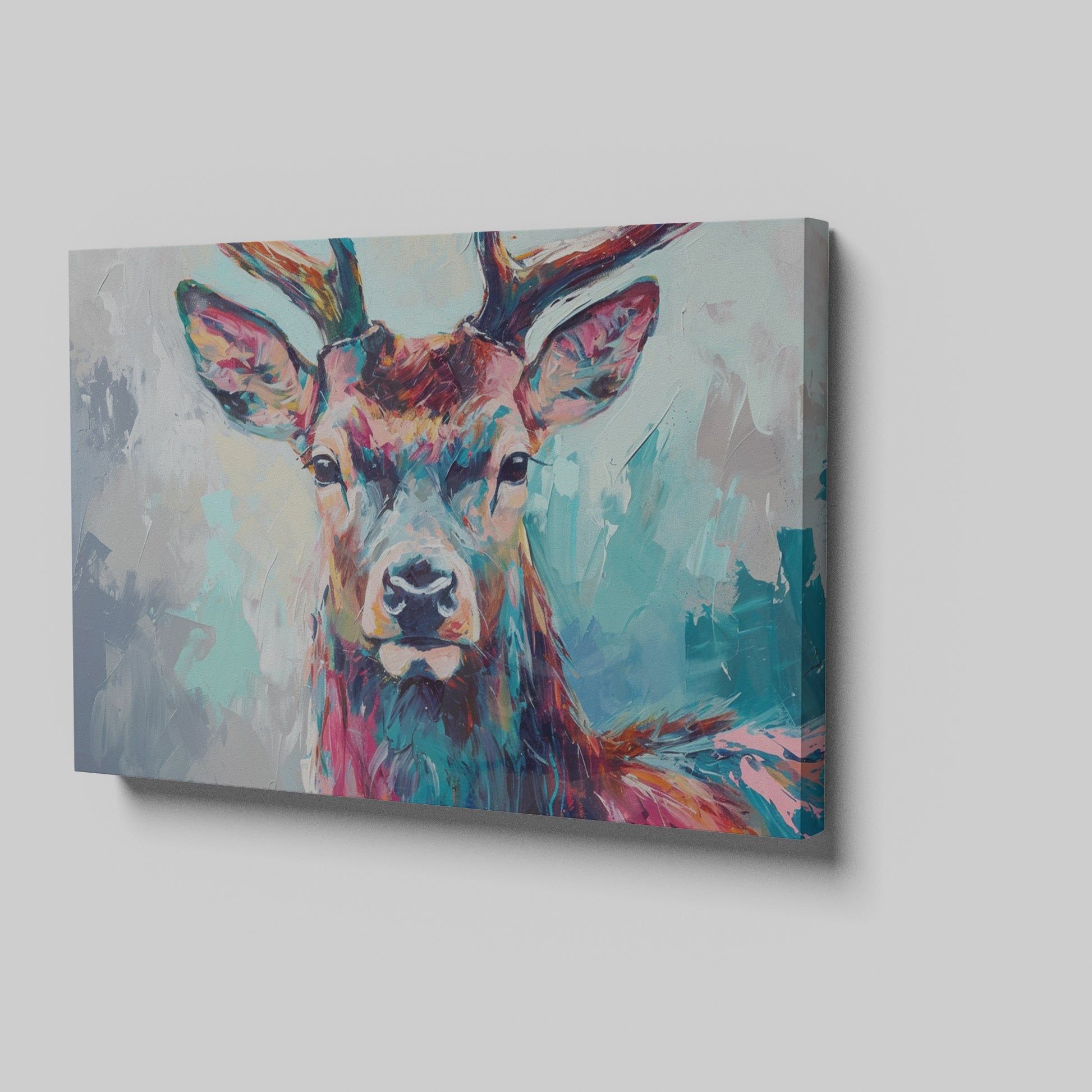 Framed canvas print of a colourful abstract stag with vivid brushstrokes