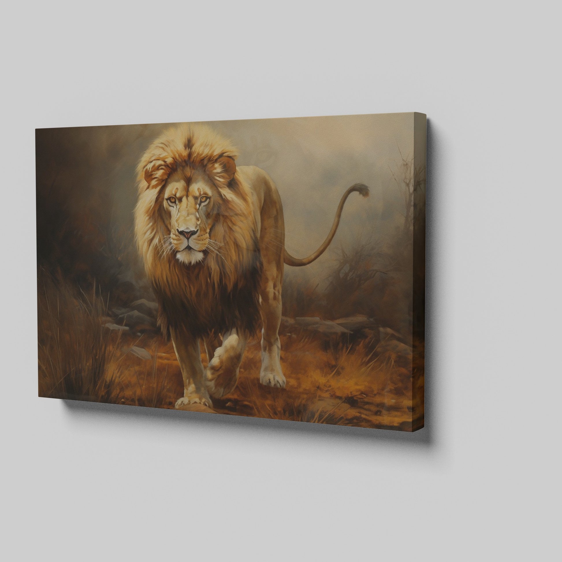 Framed canvas print of a regal lion striding through the misty savannah