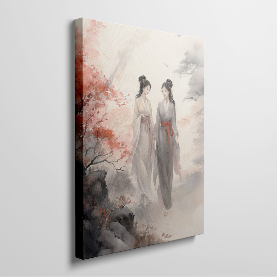 Framed canvas print of two traditional Chinese ladies in an autumnal landscape with red maples