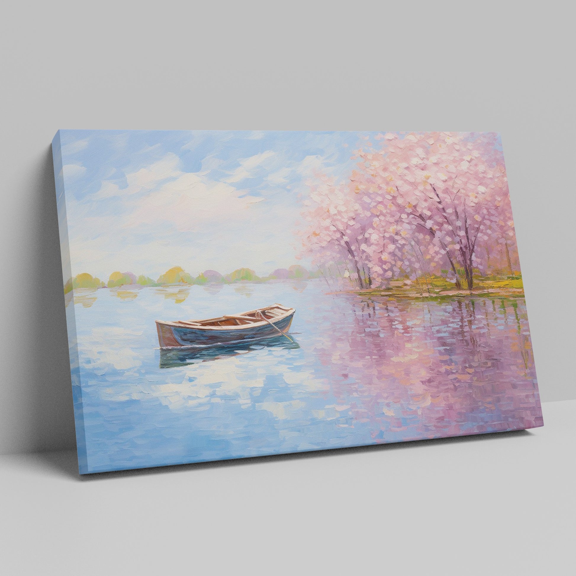 Framed canvas print of an impressionist painting featuring cherry blossoms and a serene lake with a boat