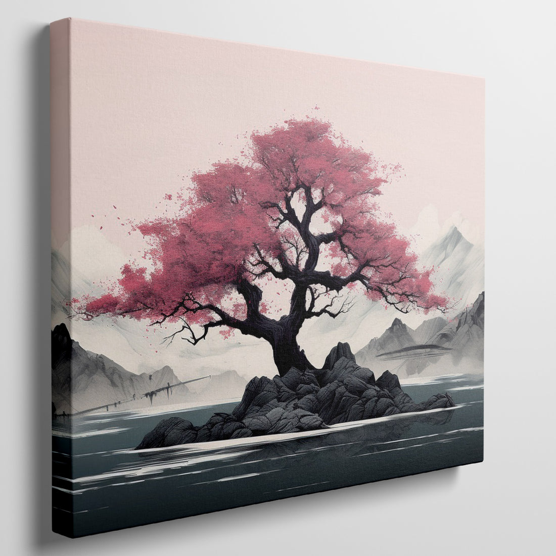 Framed canvas print of a cherry blossom tree on an island with mountain scenery in pink and grey tones