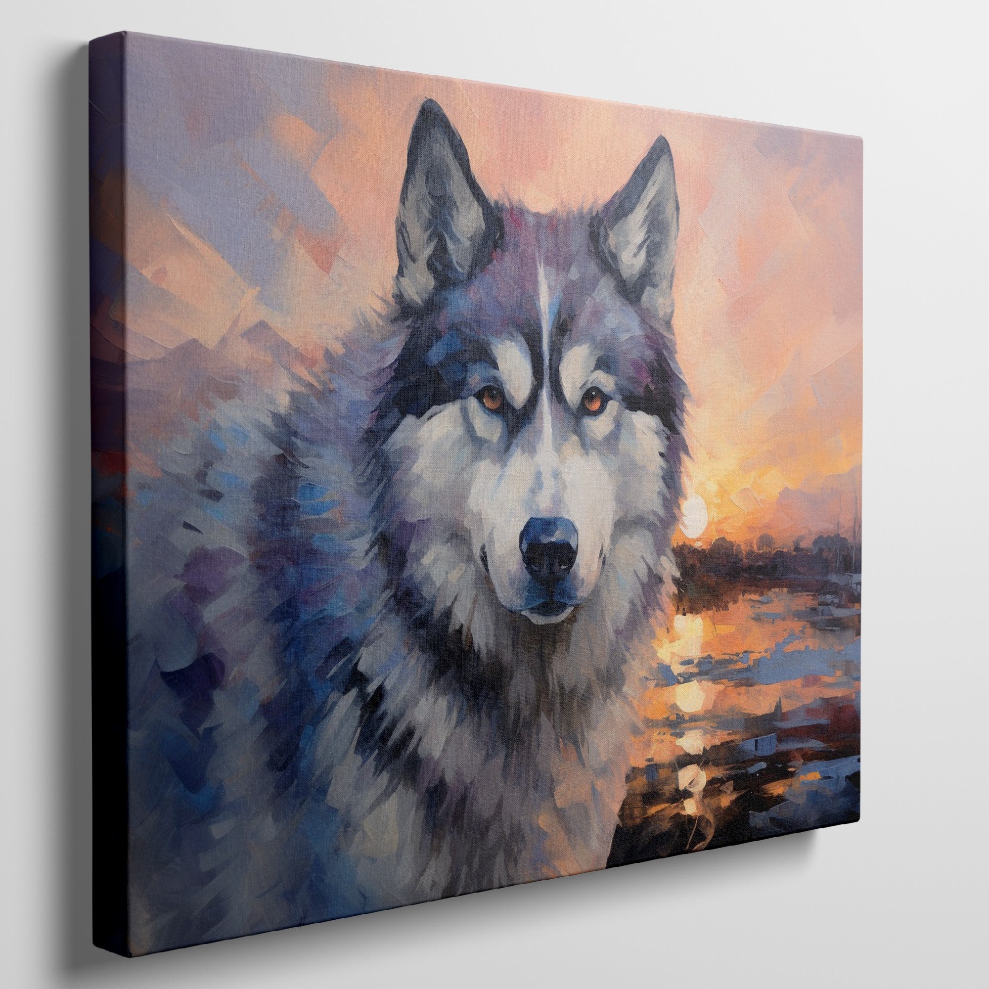 Framed canvas print of an impressionistic Siberian Husky with a vibrant sunset