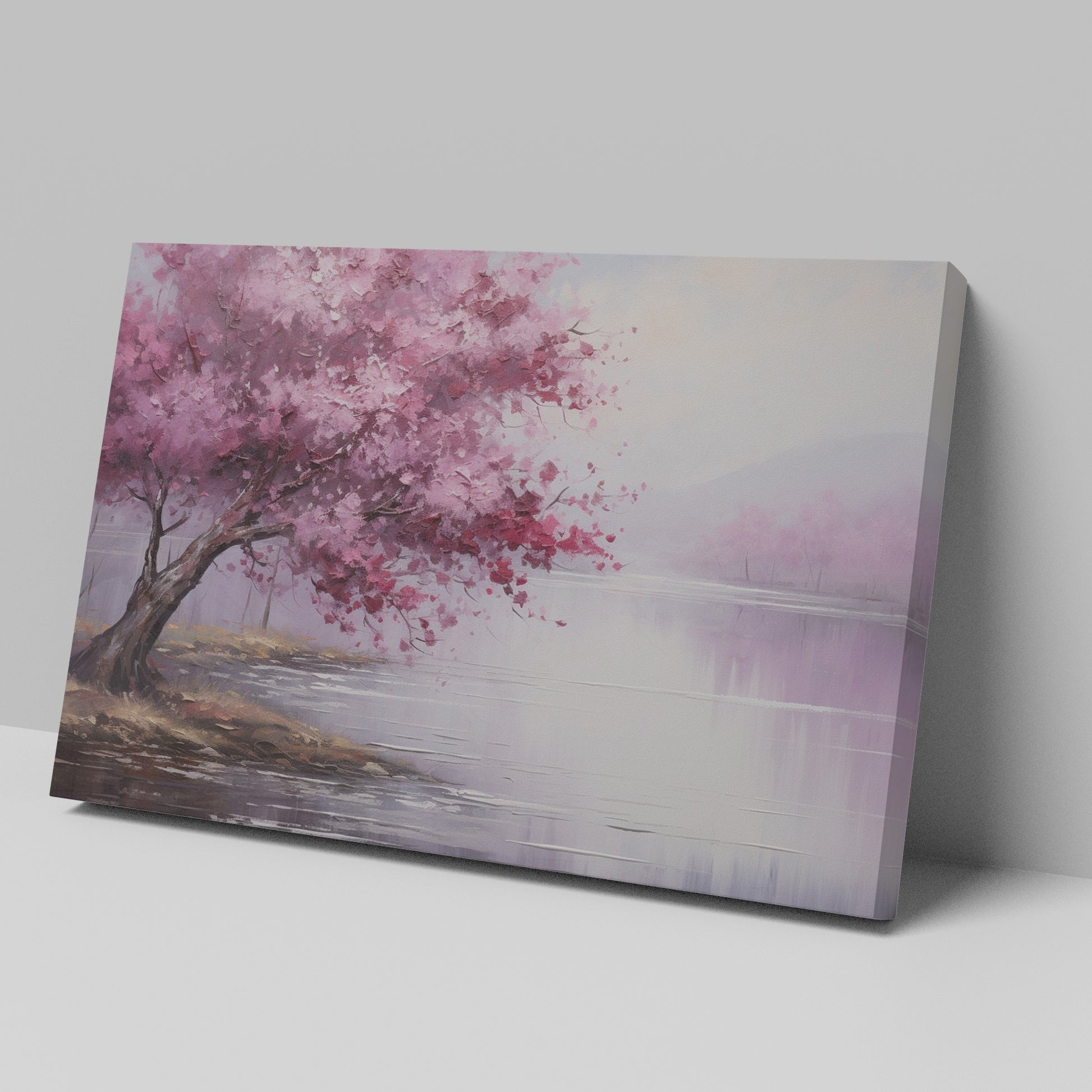 Framed canvas print of an impressionistic cherry blossom tree by a tranquil lake with soft pastel colors