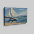 Framed canvas print of a serene sailboat seascape with vivid blue ocean and sky