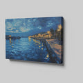 Framed canvas print of twilight seascape with vivid blue waters and illuminated harbour lights