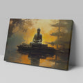 Framed canvas print of Buddha silhouette before an orange sunset with tree reflections on water