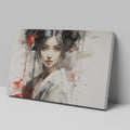 Framed canvas print of ethereal geisha in modern ink style with red accents