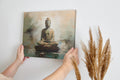 Framed canvas print of a serene Buddha on a lotus throne with an abstract background