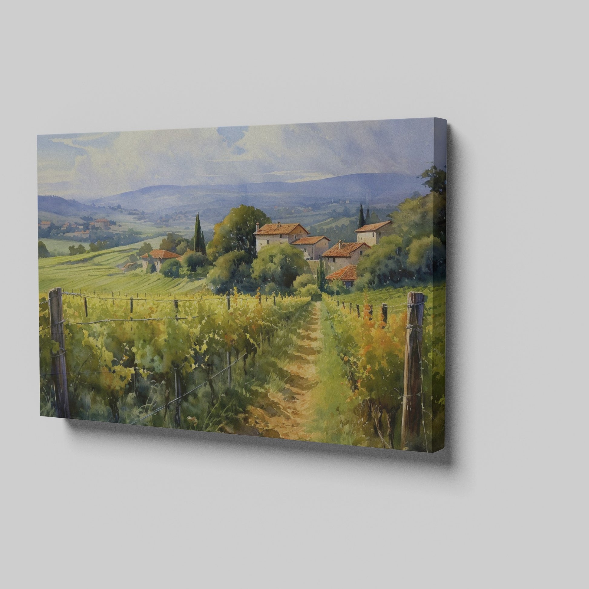 Framed canvas print of Tuscan vineyard and countryside landscape with vibrant colours and rustic farmhouses