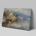 Framed canvas print of a Mediterranean coastal village with boats and serene sea reflections