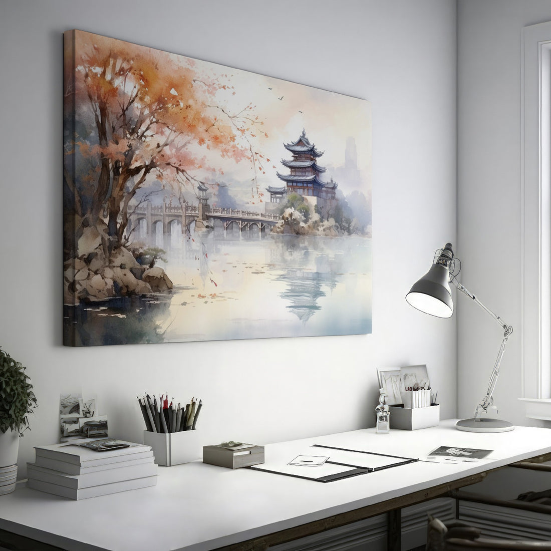 Framed canvas print depicting an autumnal Oriental scene with a pagoda and misty lake