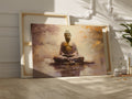 Framed canvas print of a serene Buddha statue with autumnal colours and water reflection