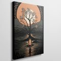 Stylized artwork of a tree against a large orange moon with a candle reflected on water