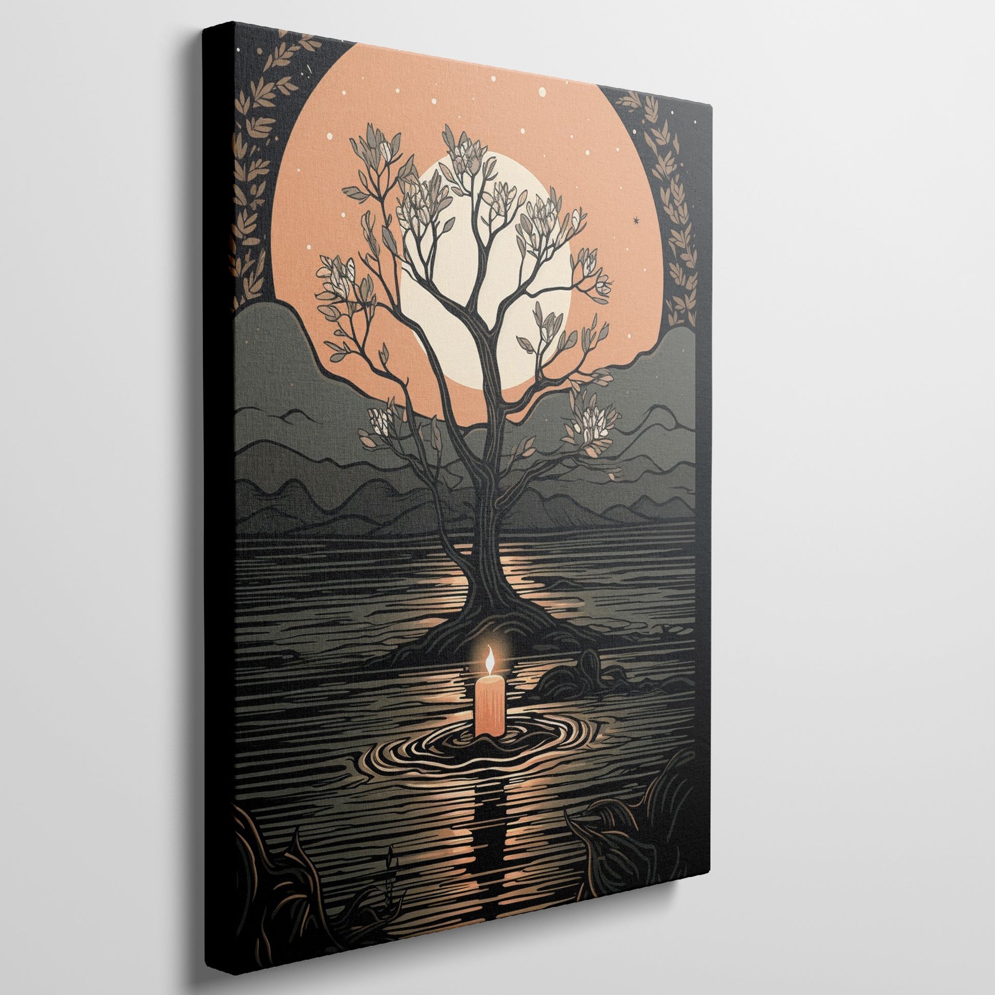 Stylized artwork of a tree against a large orange moon with a candle reflected on water