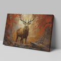 Framed canvas print of a majestic stag in an autumn forest with fiery red leaves