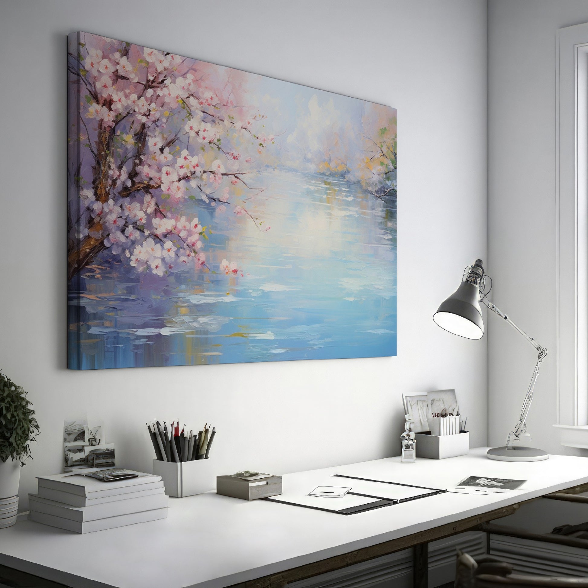 Framed canvas print of a serene impressionist painting with cherry blossoms and river reflections