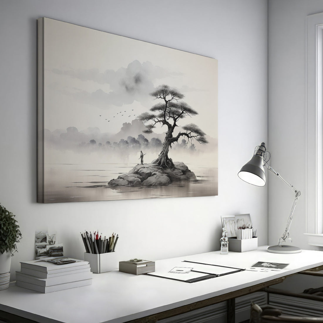 Framed canvas print of a tranquil Oriental ink wash painting with a fisherman by a tree