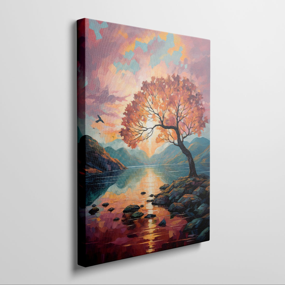 Framed canvas print of an autumnal sunset over a lake with a vibrant tree