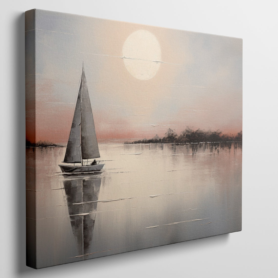 Sailboat at sunset with orange and pink horizon reflected in calm water