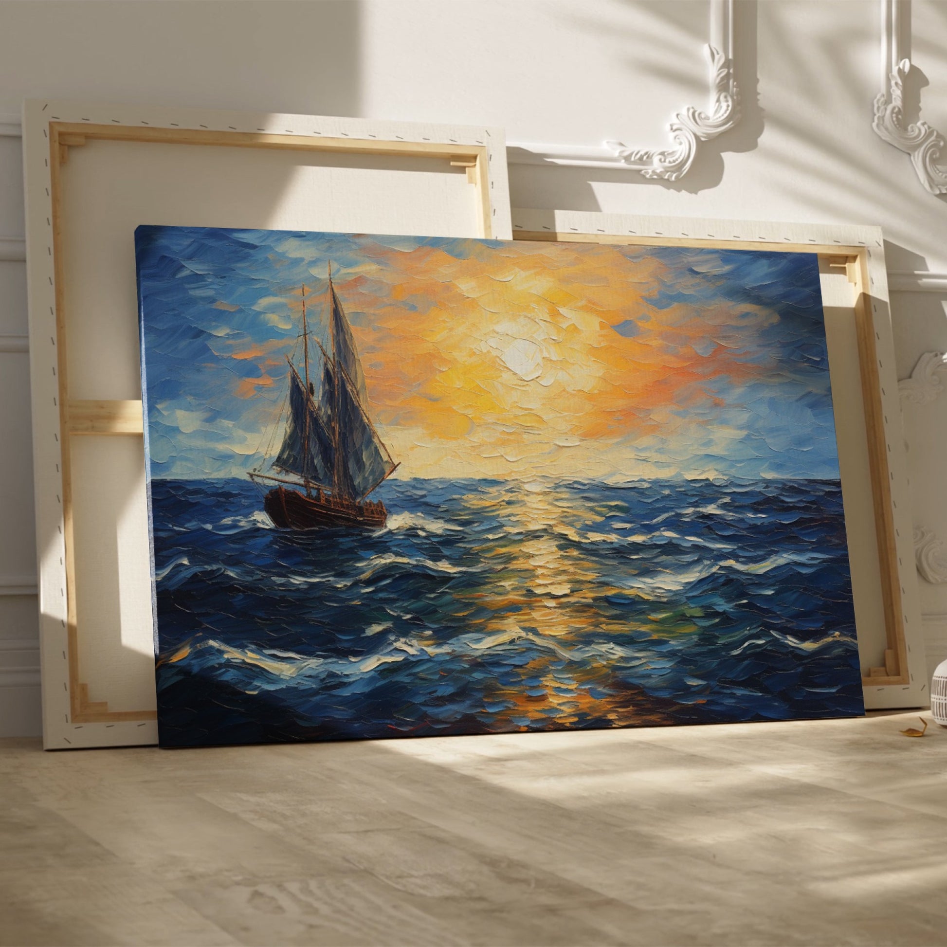 Framed canvas print of an Impressionist painting depicting a sailboat sailing on the ocean at sunset with vivid colours and bold brush strokes