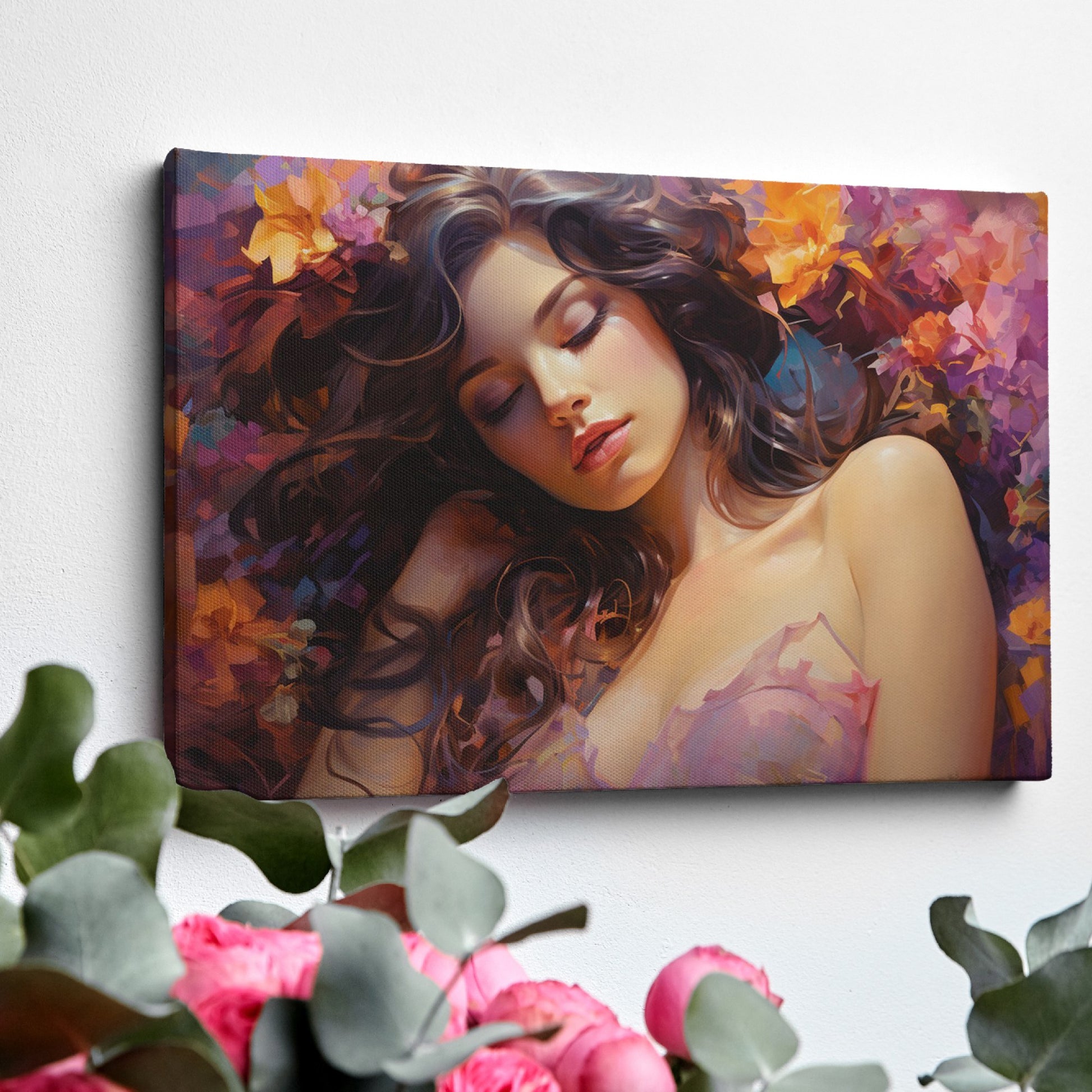 Framed canvas print of a sensuous woman amidst vibrant flowers