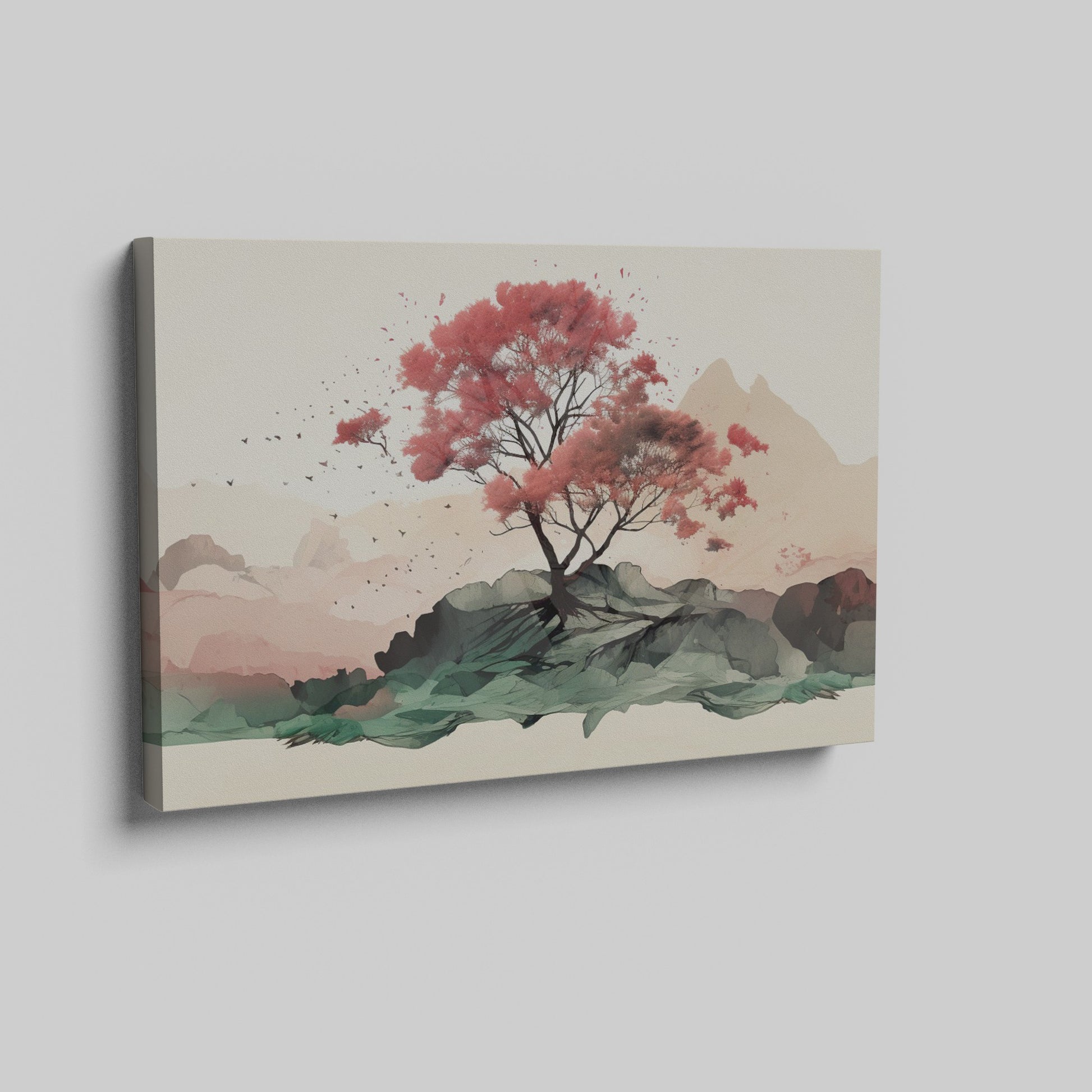 Framed canvas print of a serene cherry blossom tree amidst a minimalist mountain range