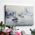 Framed canvas print of serene Oriental sailboats in watercolour with misty mountains and calm sea