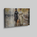 Framed canvas print of a Victorian couple and their dog walking on a rainy Paris street