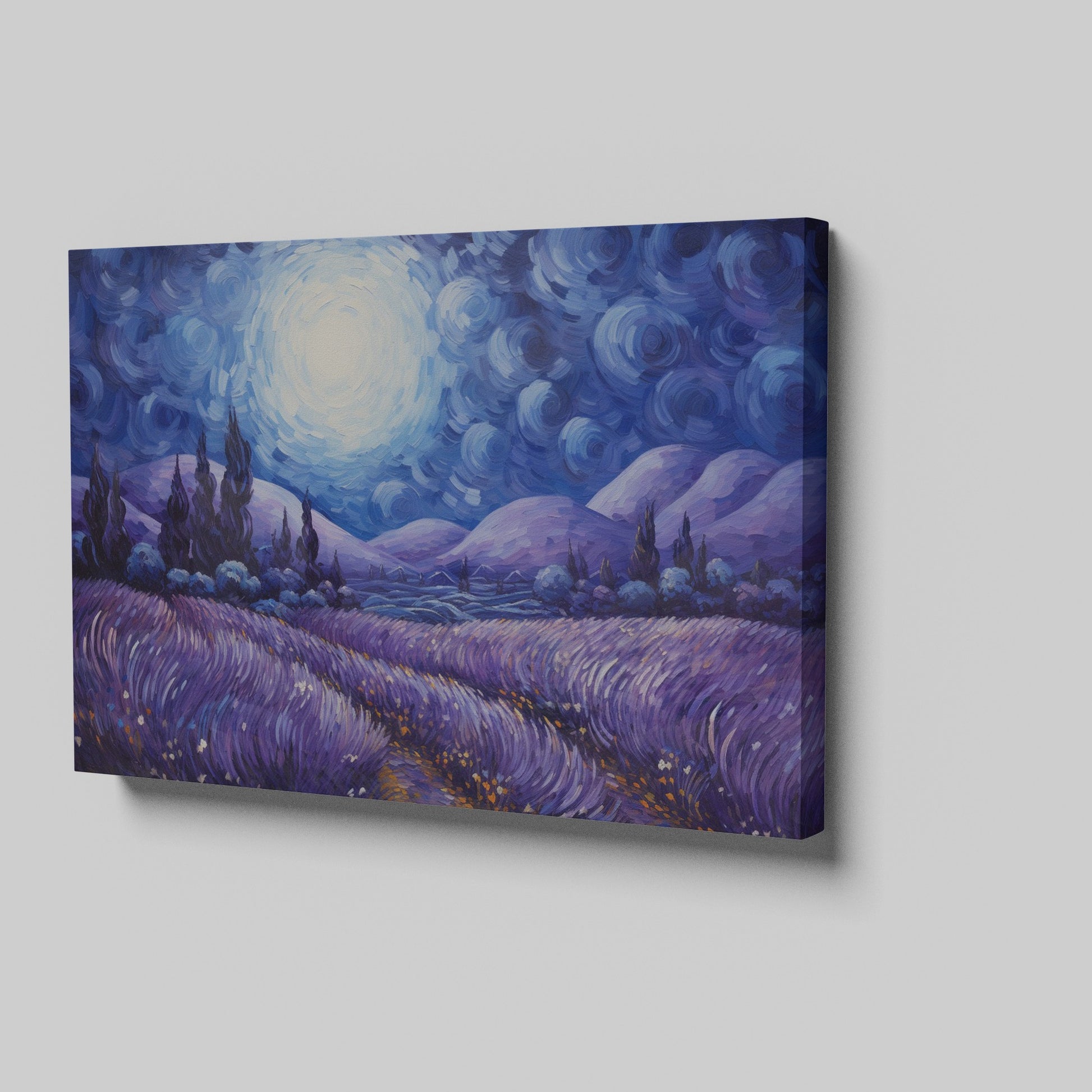 Framed canvas print of an impressionist-inspired landscape with lavender fields and swirling night sky