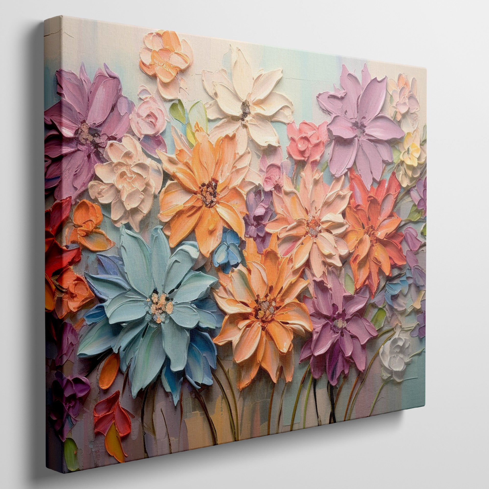 Framed canvas print of vibrant impasto flowers with 3D texture in bright colors