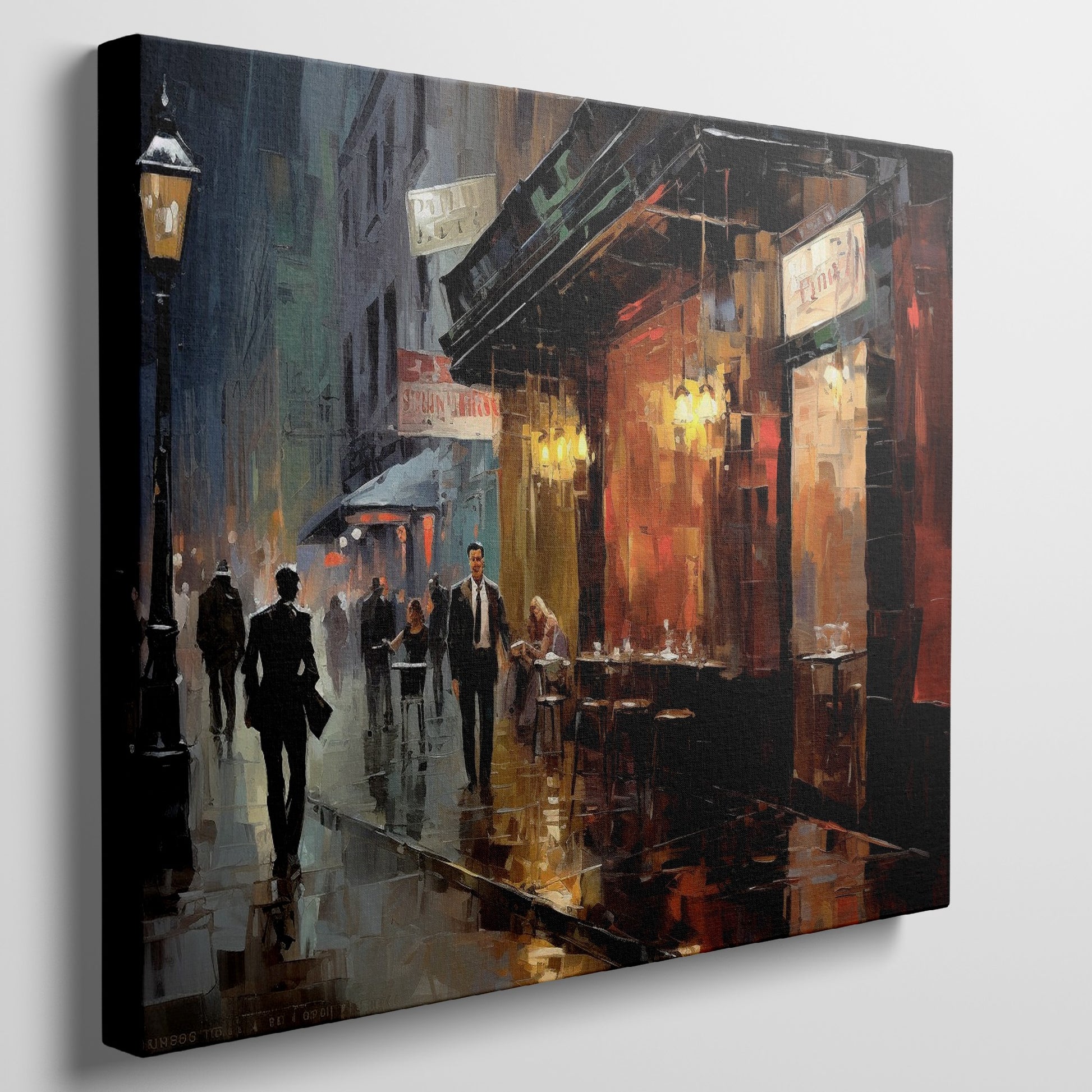 Framed canvas print of a rainy evening cityscape with warm glowing lights and reflections