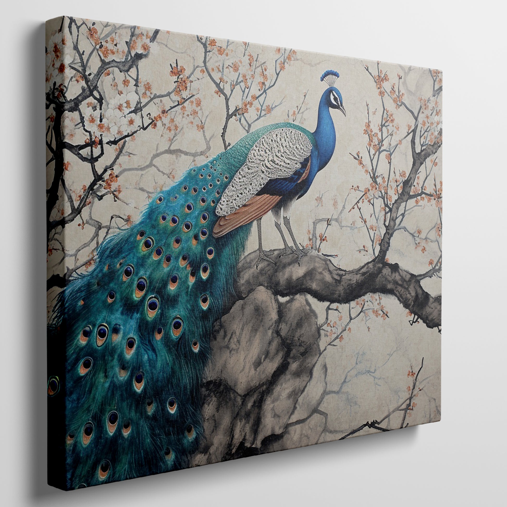 Framed canvas print of a peacock on a blossoming cherry tree with oriental art style