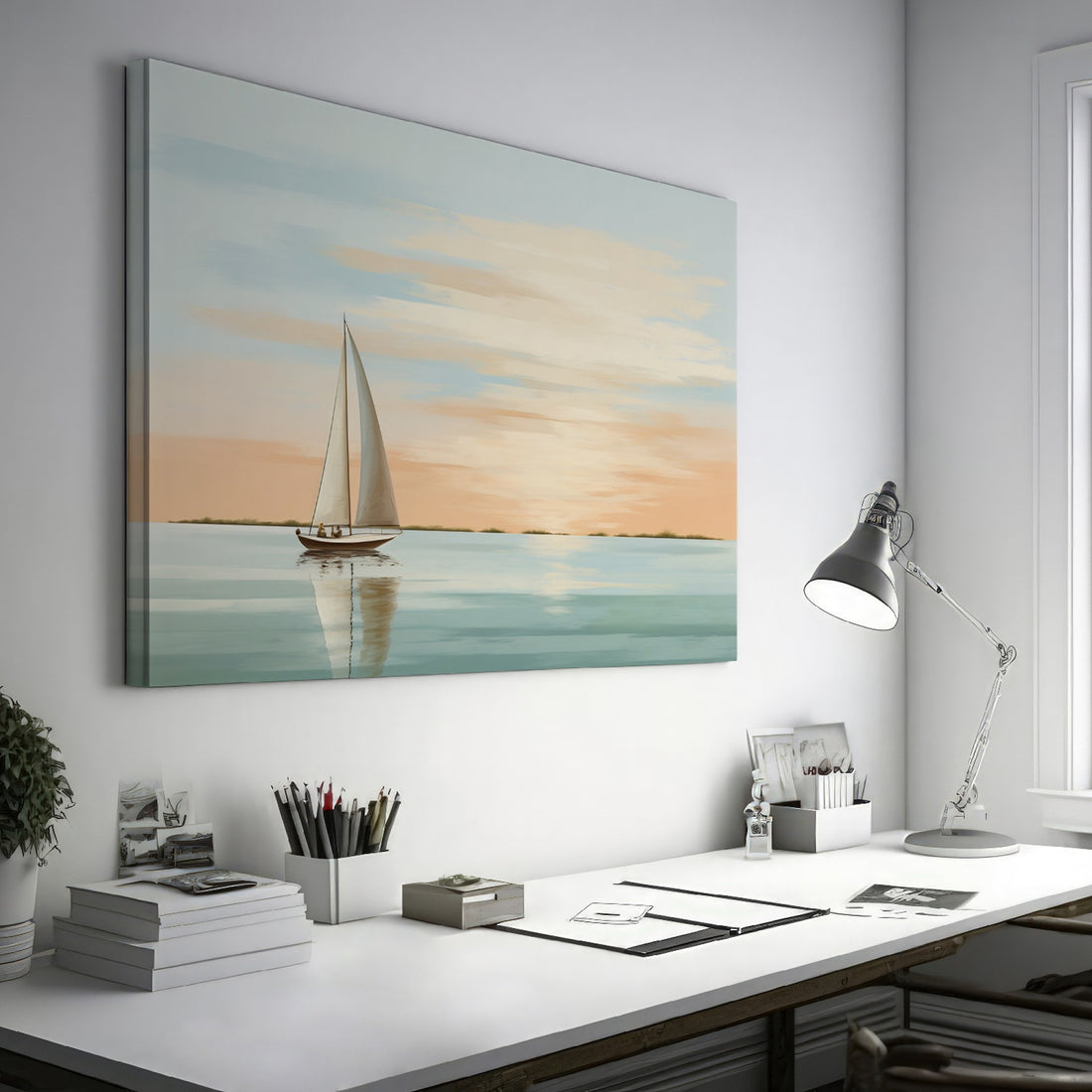 A digitally created artwork of a sailboat on calm waters with a reflection and pastel sunset in the background