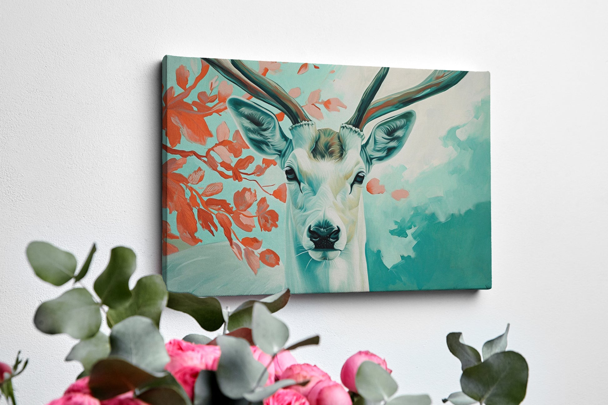 Framed canvas print of a serene stag with vibrant blue and red tones