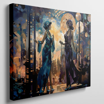 Art Deco-inspired artwork featuring two elegant figures in an urban sunset cityscape