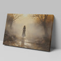 Framed canvas print of a mystical autumnal pathway with a silhouette of a woman walking, surrounded by golden trees and a soft fog.