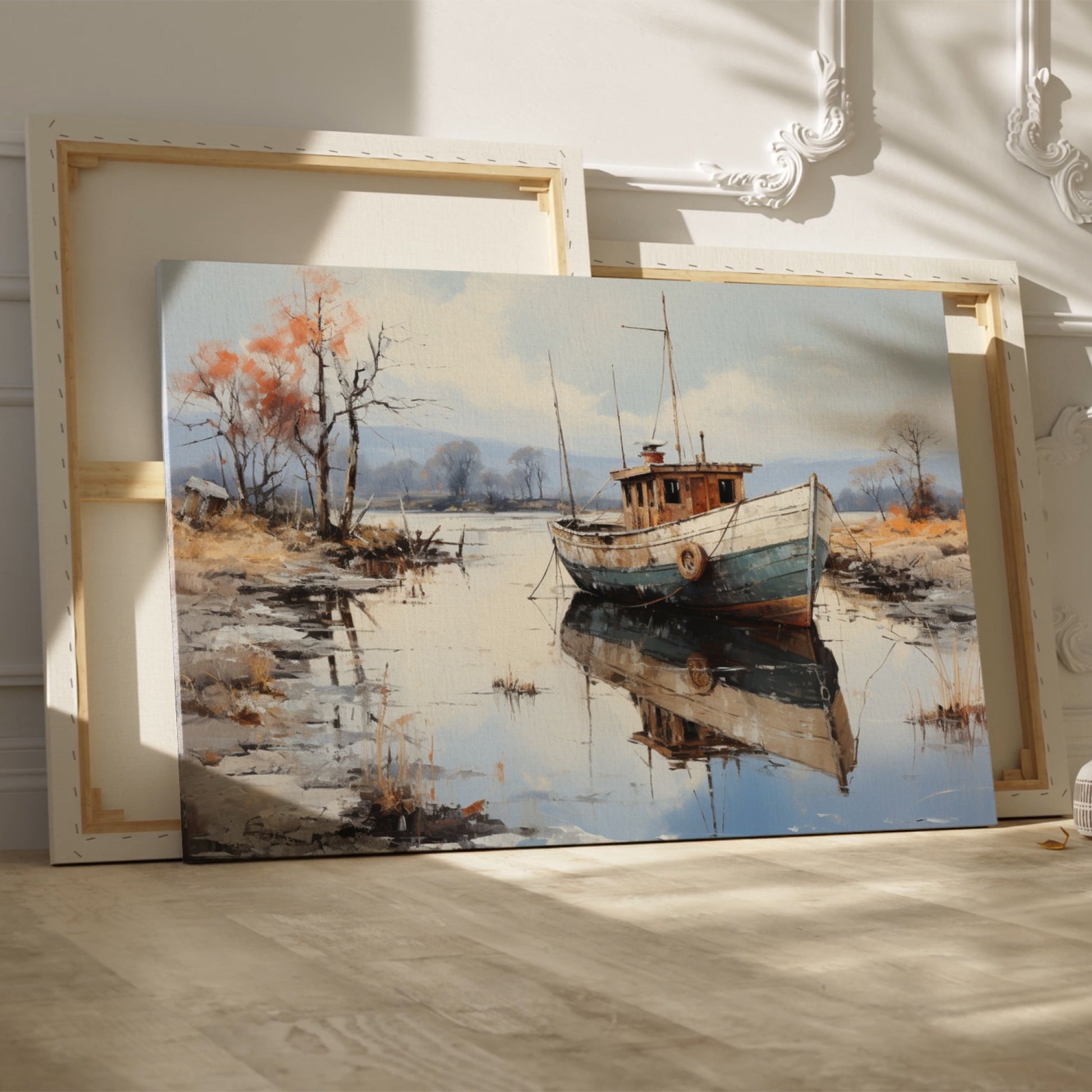 Framed canvas print of a tranquil landscape with a vintage boat moored on calm waters, reflecting autumnal trees