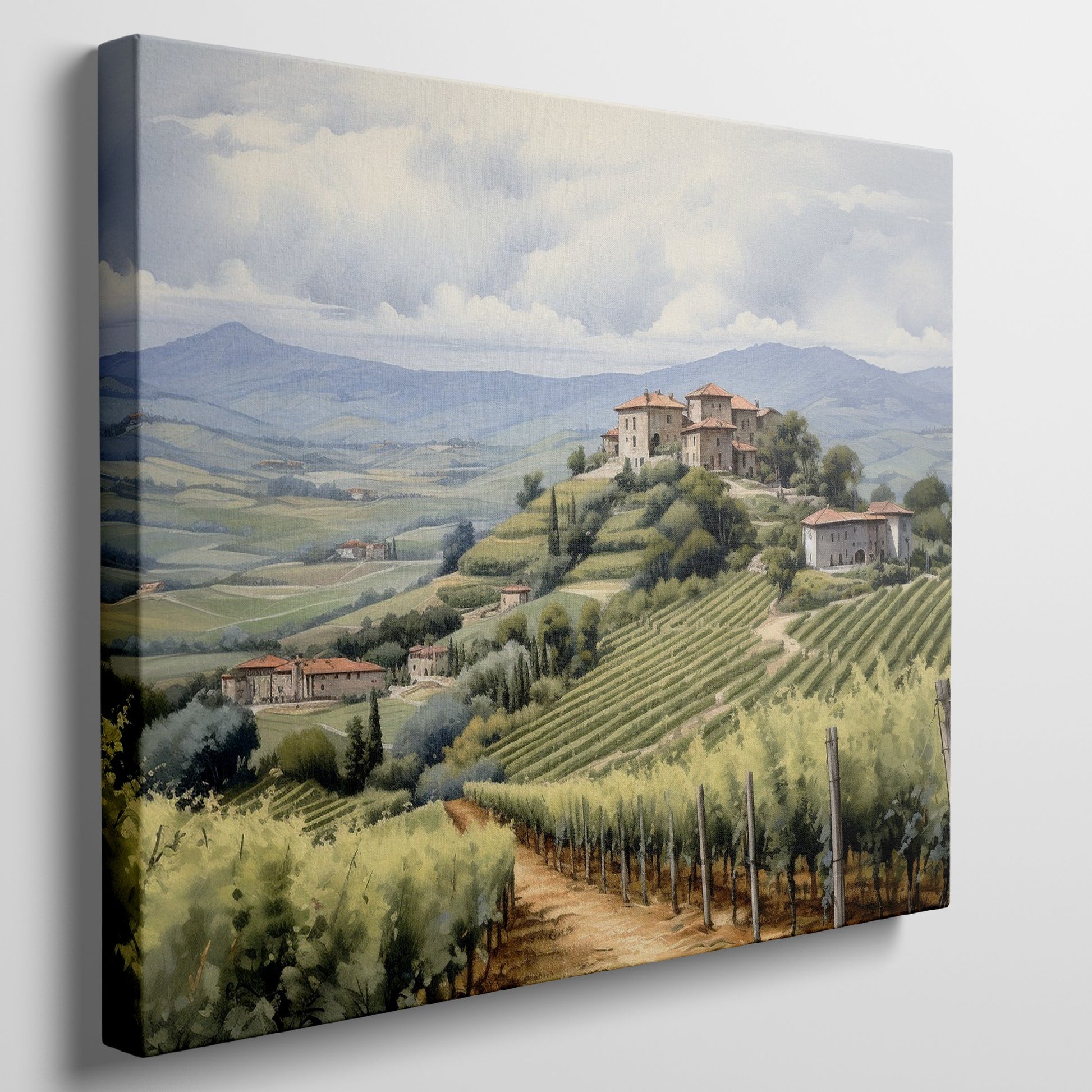 Framed canvas print of a tranquil Tuscan vineyard with rolling hills and Italian country houses