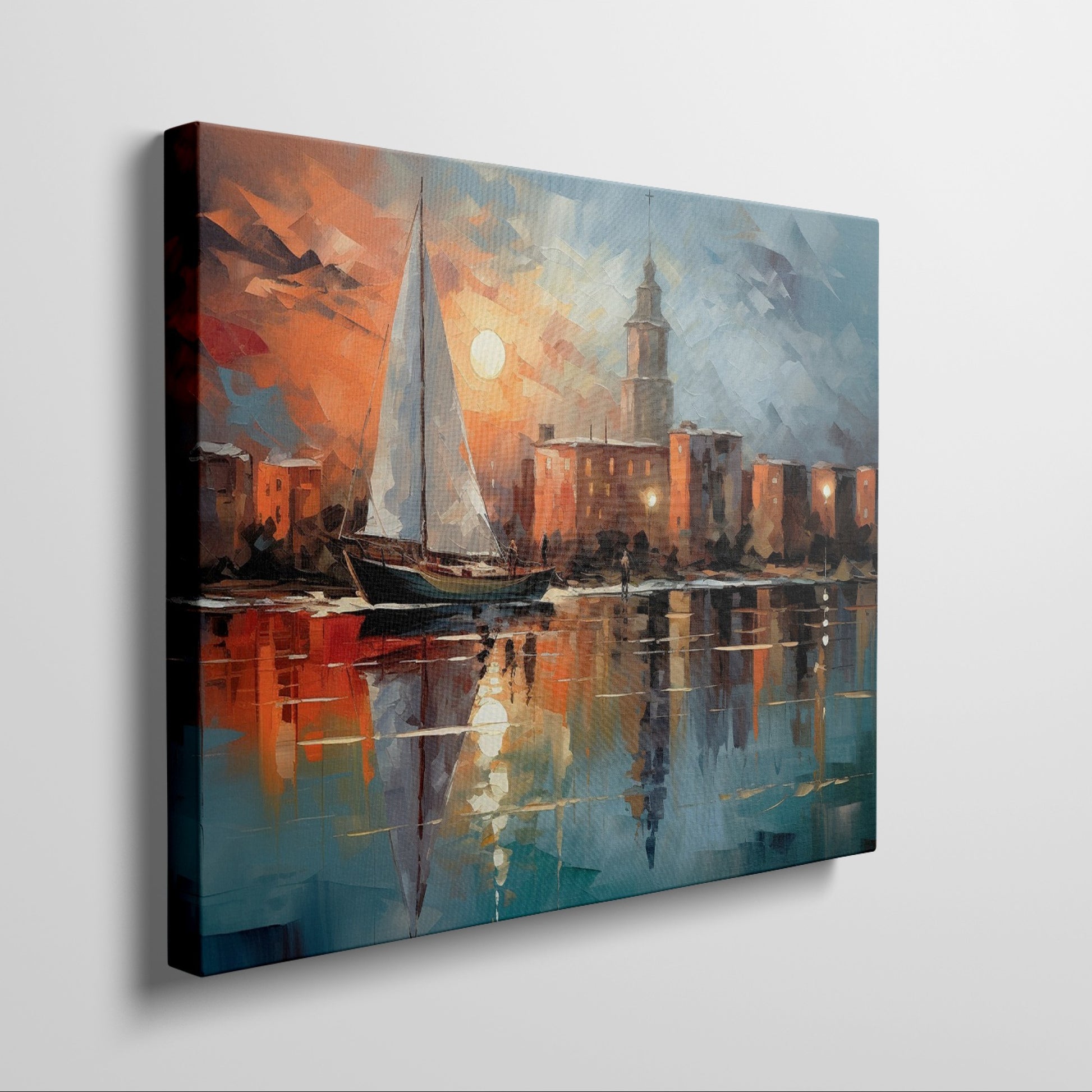 Framed canvas print of an abstract impressionistic sunset marina with a sailing boat and city silhouette