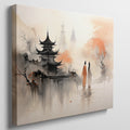 Framed canvas print of Oriental pagoda and autumn reflection with silhouetted figures in mist