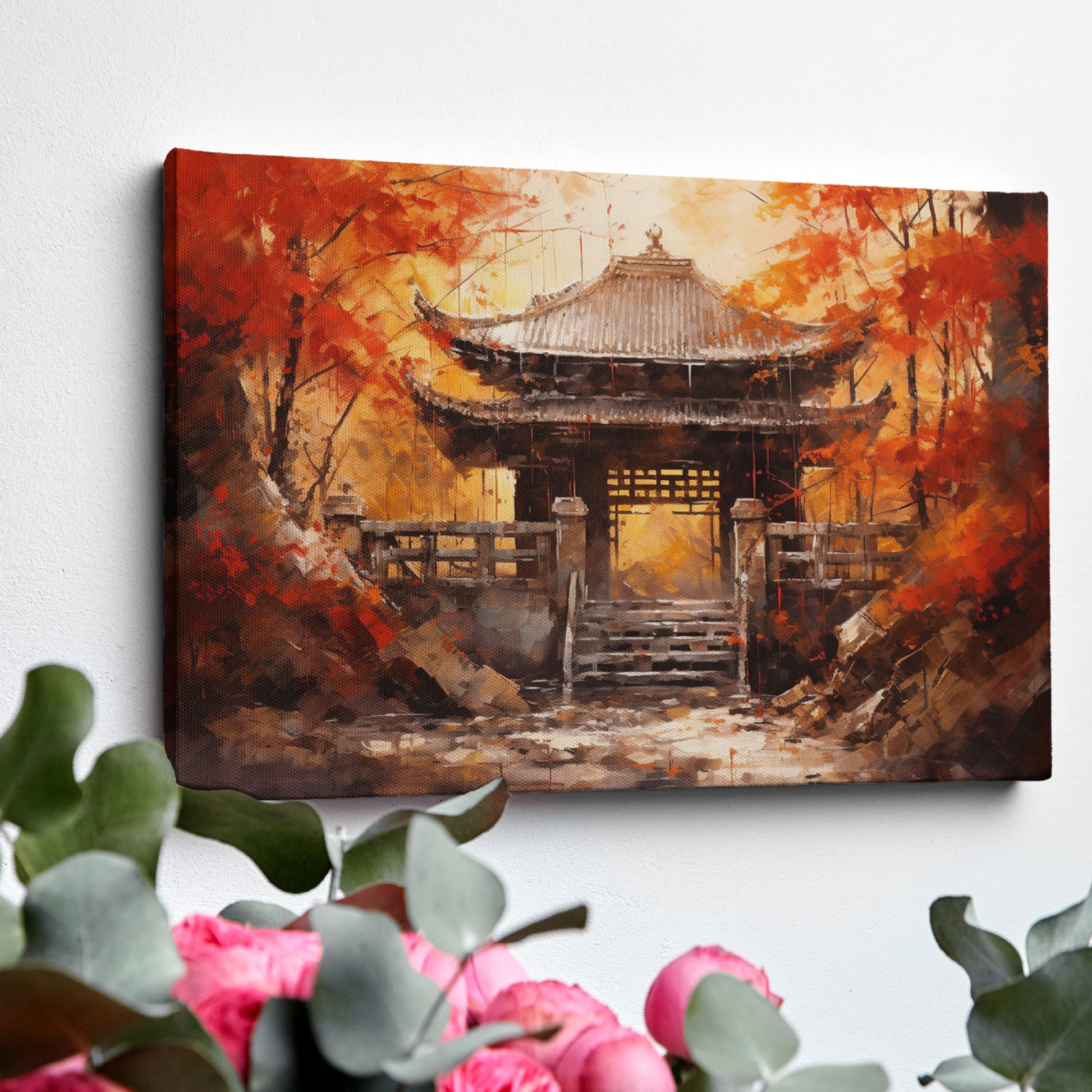 Canvas art of a traditional Asian temple surrounded by red and orange autumn leaves