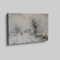 Framed canvas print of a snowy countryside scene with walking figures and a rustic cottage