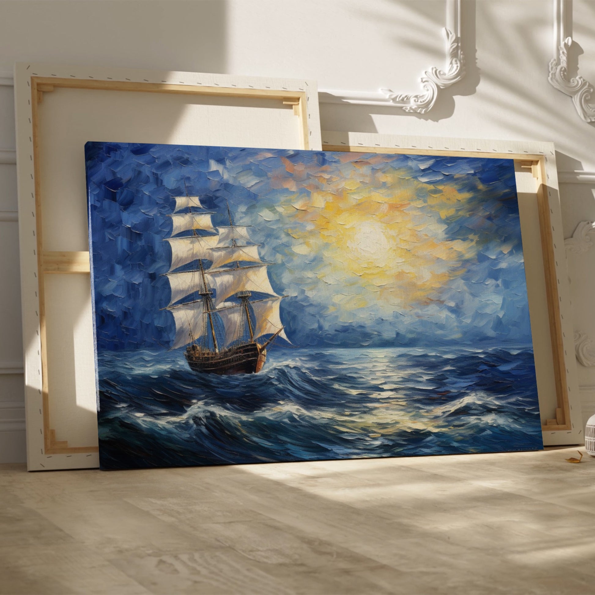 Framed canvas print of a historic sailing ship at sunset with a vibrant seascape