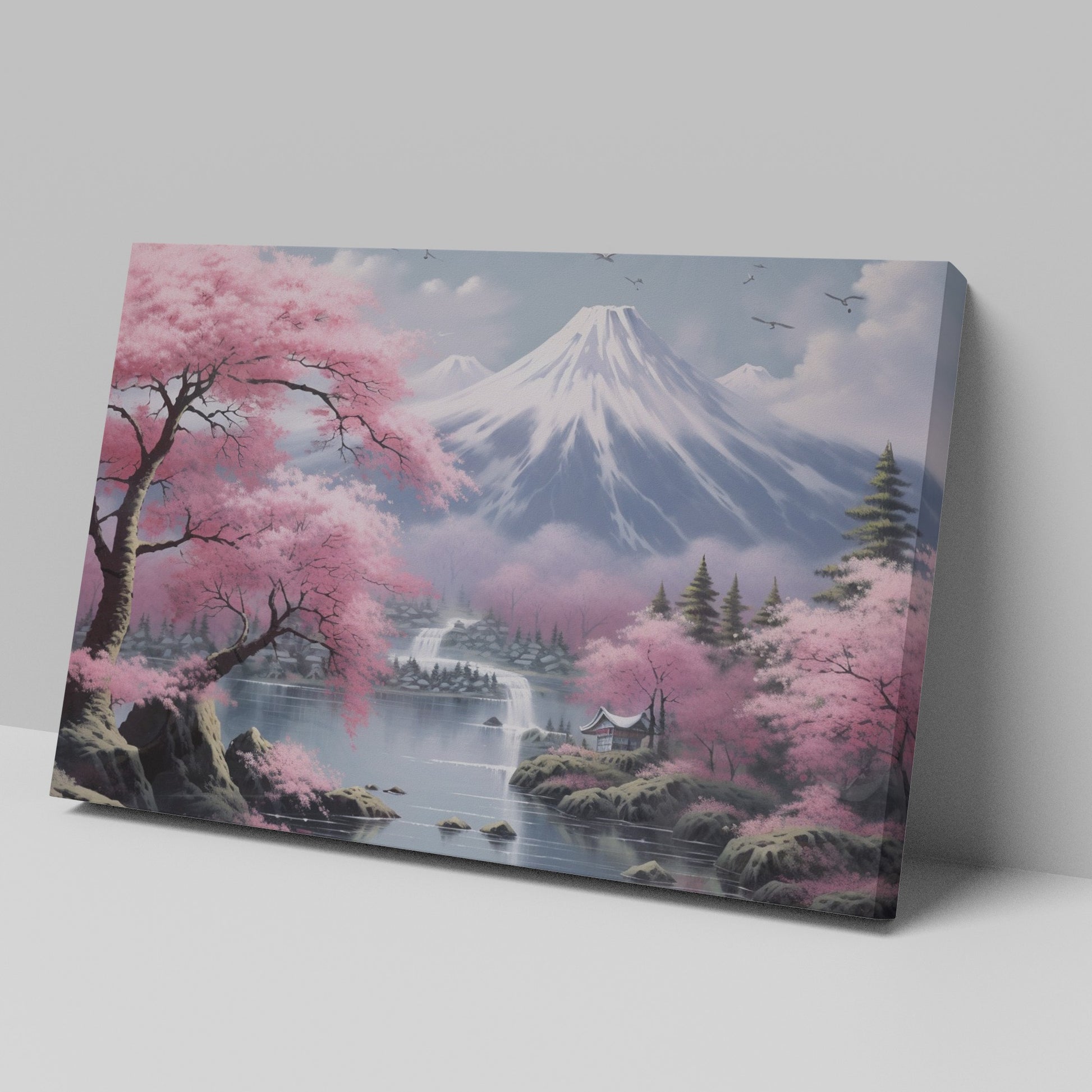 Framed canvas print of a serene Japanese landscape with pink cherry blossoms and Mount Fuji