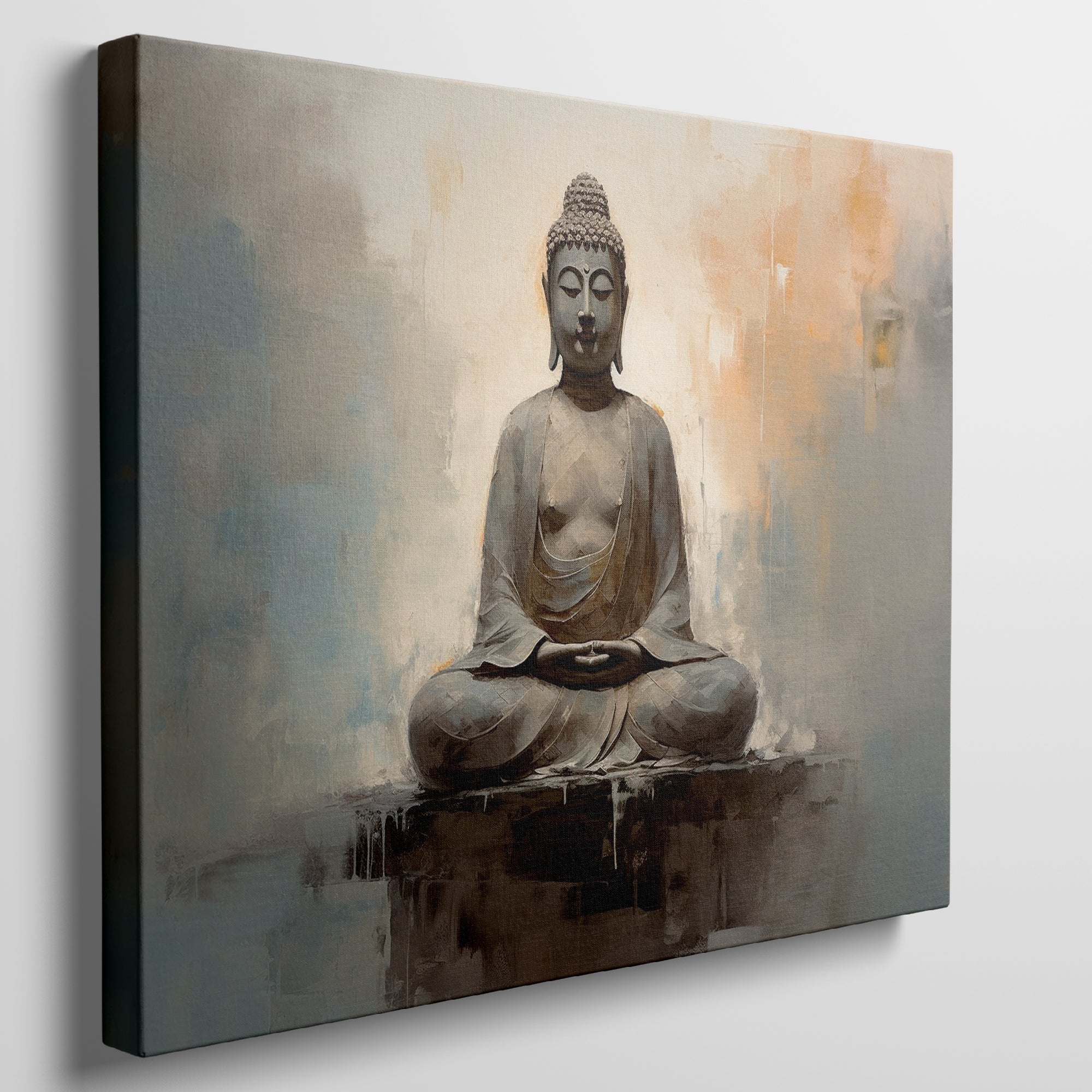 Framed canvas print of a serene Buddha in meditative pose with abstract warm and neutral tones