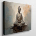 Framed canvas print of a serene Buddha in meditative pose with abstract warm and neutral tones